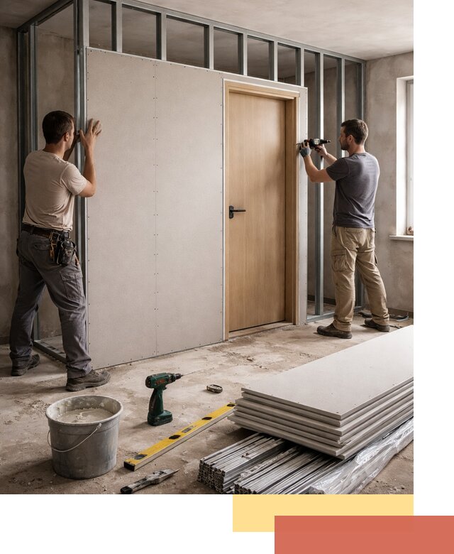 Перегородка из гипсокартона с дверью под ключ в Лысьве