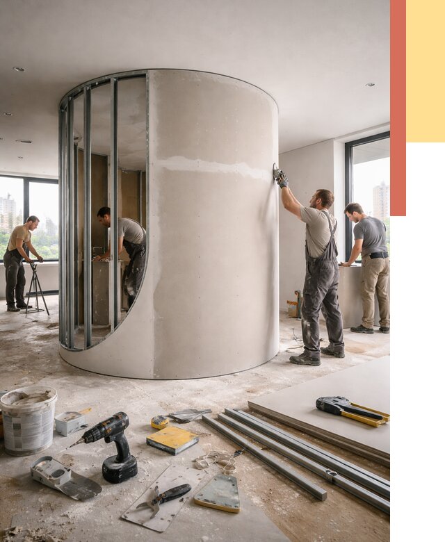 Радиусная перегородка из гипсокартона в Лысьве от 2975 руб. под ключ | ОТДЕЛОЧНИК-Лсь