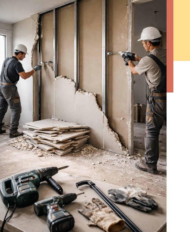 Демонтаж перегородки из гипсокартона в Лысьве от 1231 руб. быстро и недорого | ОТДЕЛОЧНИК-Лсь