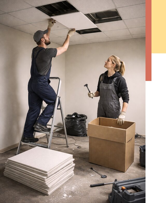 Демонтаж потолочной плитки в Лысьве от 4616 руб. быстро и недорого | ОТДЕЛОЧНИК-Лсь