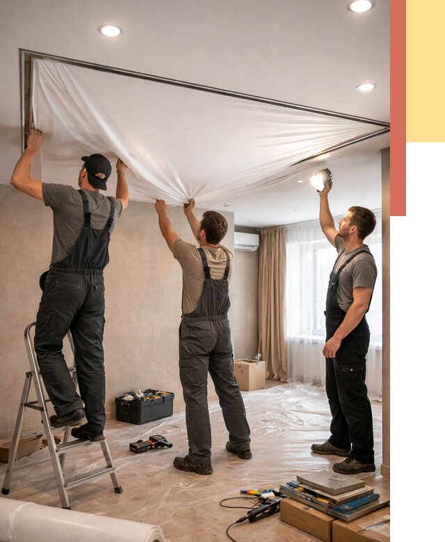 Монтаж ПВХ натяжного потолка в Лысьве от 3590 руб. под ключ | ОТДЕЛОЧНИК-Лсь