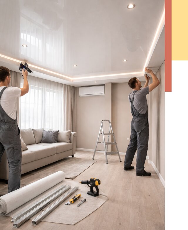 Монтаж глянцевого натяжного потолка в Лысьве от 769 руб. под ключ | ОТДЕЛОЧНИК-Лсь