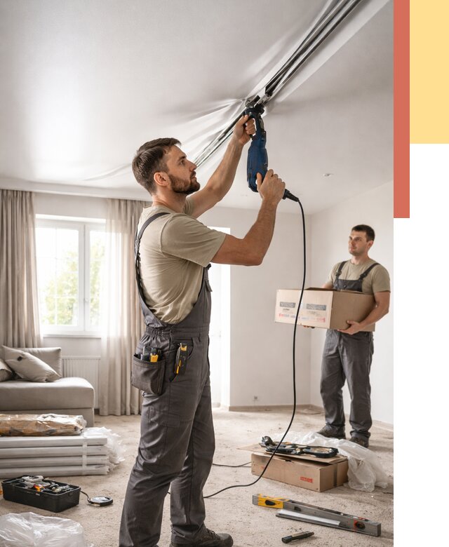 Монтаж сатинового натяжного потолка в Лысьве от 3590 руб. | Быстро, недорого — ОТДЕЛОЧНИК-Лсь