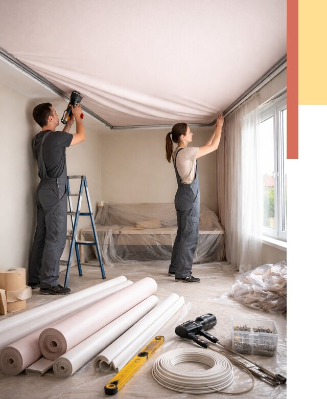 Монтаж цветного натяжного потолка в Лысьве от 4308 руб/м² — быстро и недорого | ОТДЕЛОЧНИК-Лсь