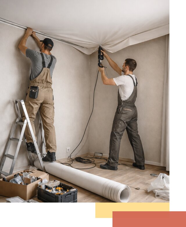 Монтаж цветного натяжного потолка в Лысьве за один день