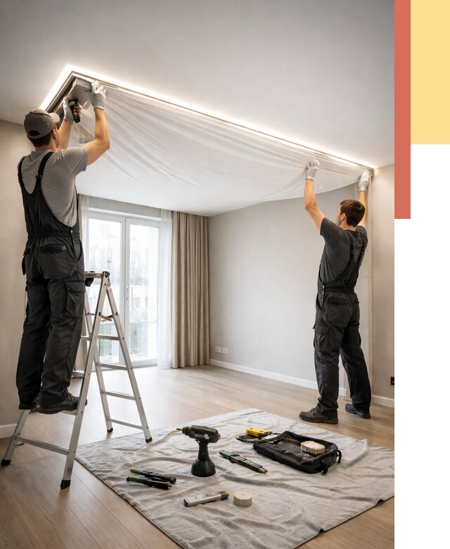 Монтаж парящего натяжного потолка в Лысьве от 4616 руб. быстро и недорого | ОТДЕЛОЧНИК-Лсь