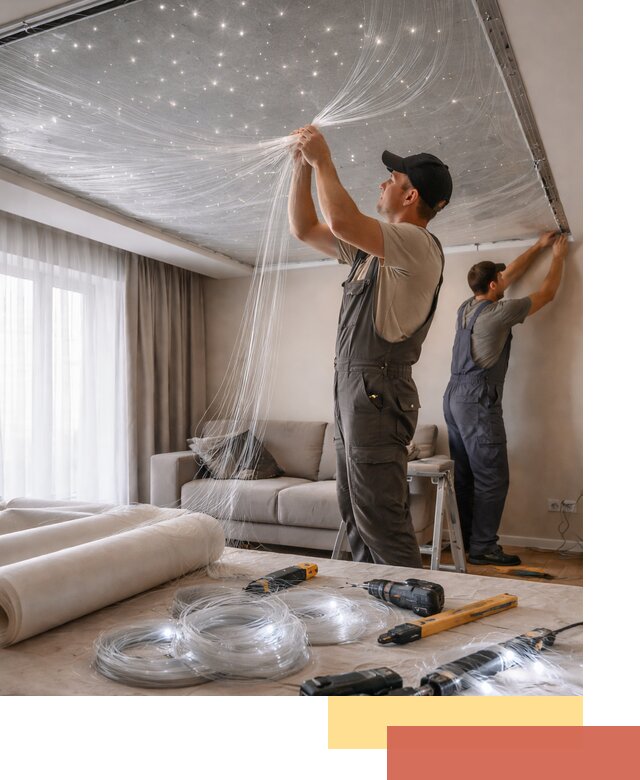 Монтаж натяжного потолка «Звездное небо» в Лысьве