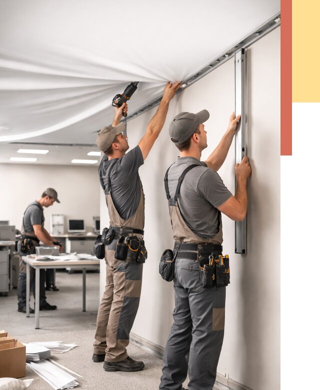 Монтаж натяжного потолка в офисе в Лысьве от 462 руб/м² — быстро и недорого | ОТДЕЛОЧНИК-Лсь