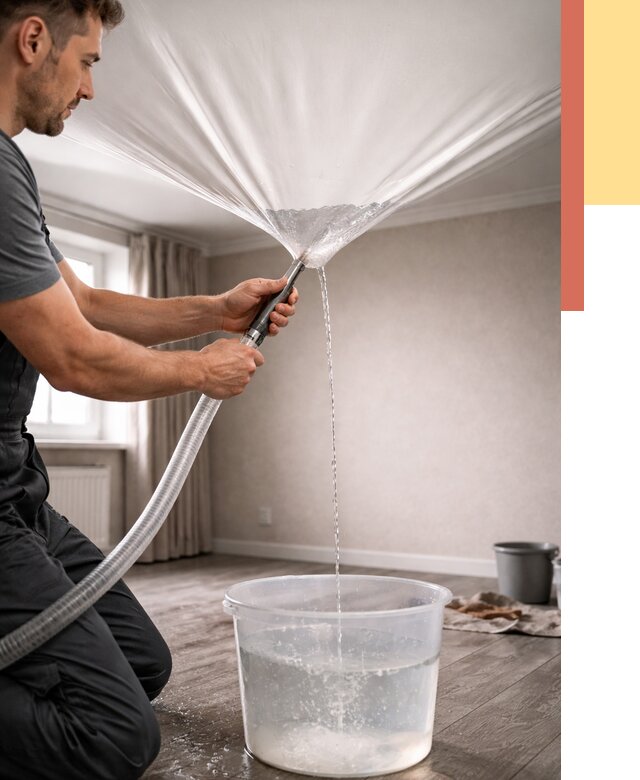 Слив воды с натяжного потолка в Лысьве от 2564 руб. быстро и недорого | ОТДЕЛОЧНИК-Лсь