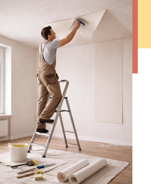 Поклейка обоев на потолок в Лысьве от 4616 руб. быстро и недорого | ОТДЕЛОЧНИК-Лсь